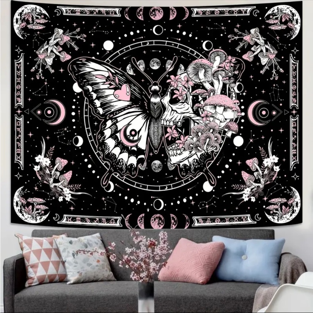 Black and Pink Skull Butterfly Tapestry